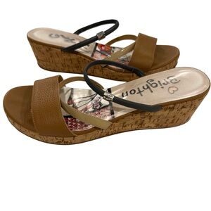 Brighton Harper Tan Beige Glam Cork Wedge Slip On Scrappy Sandals Size 7.5